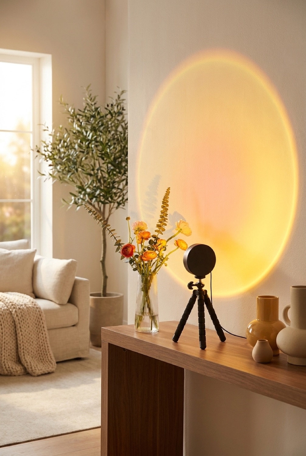 sunset lamp on a clean modern console in soft golden-hour light