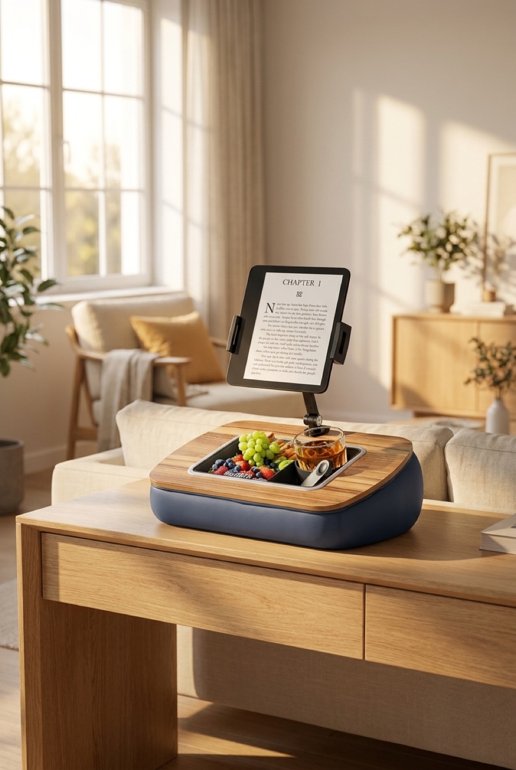 Tablet Pillow Stand in a calm modern living room in soft golden-hour light