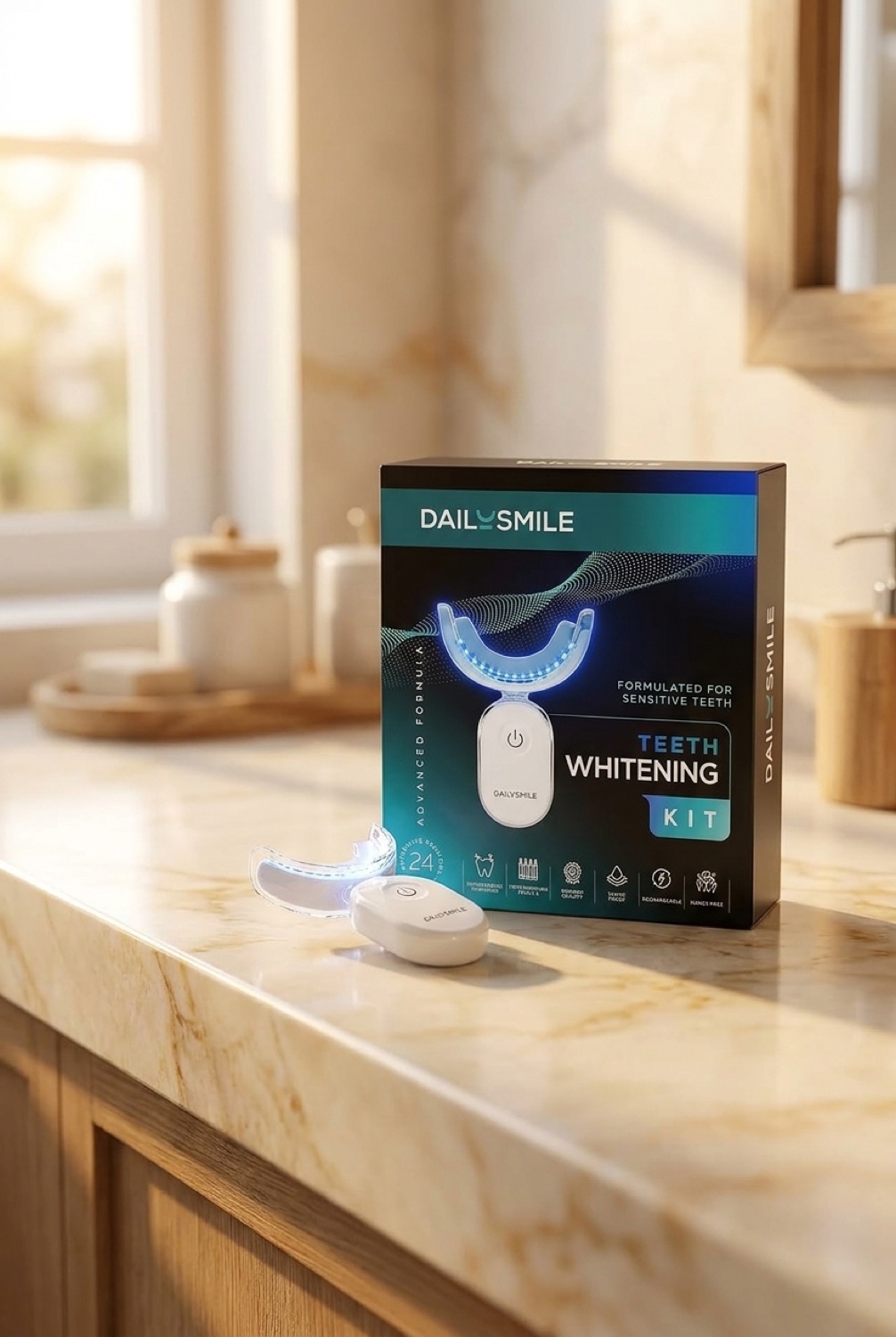 teeth whitening kit on a calm bathroom vanity in soft golden-hour light