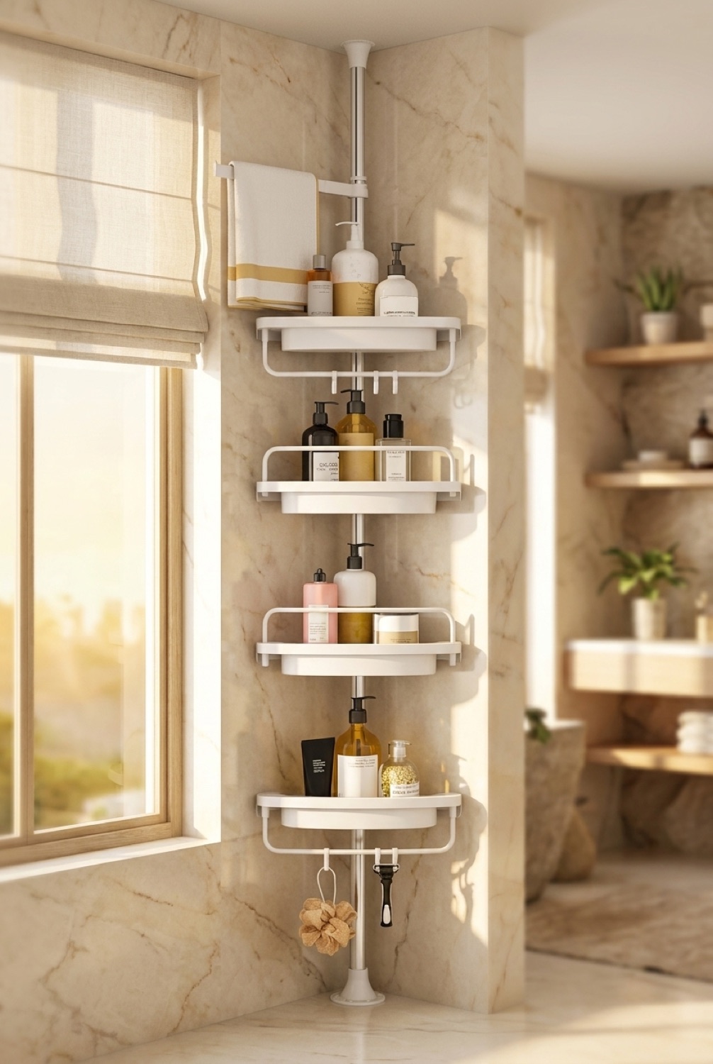 Tension Pole Shower Caddy in a serene minimalist bathroom in soft golden-hour light