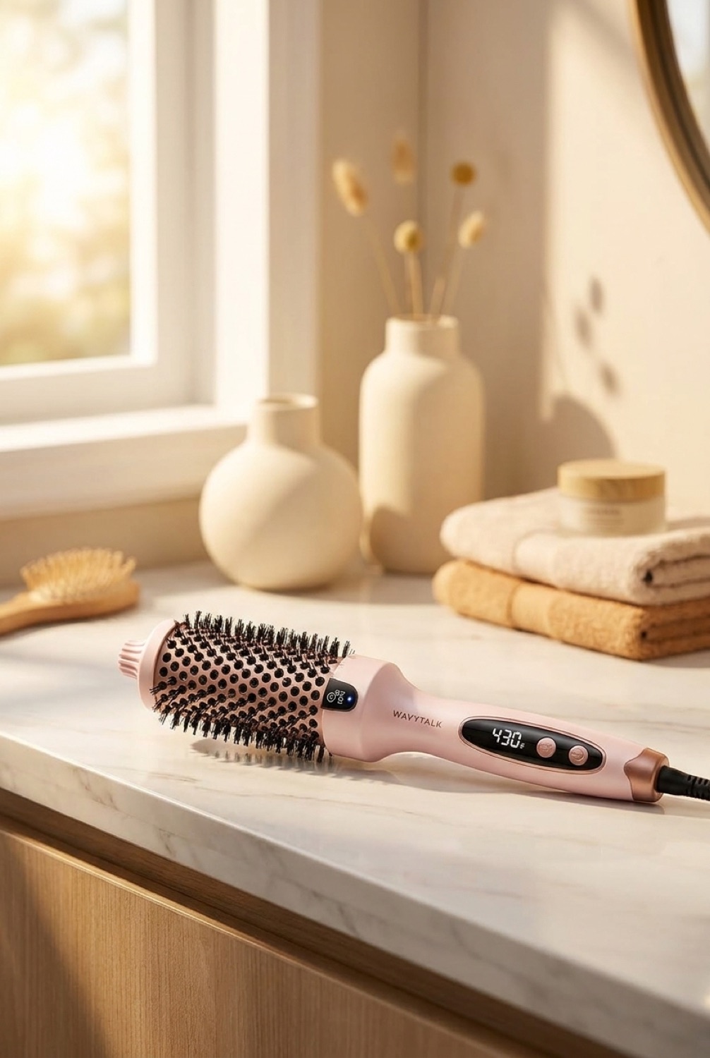 thermal blowout brush on a calm bathroom vanity in soft golden-hour light