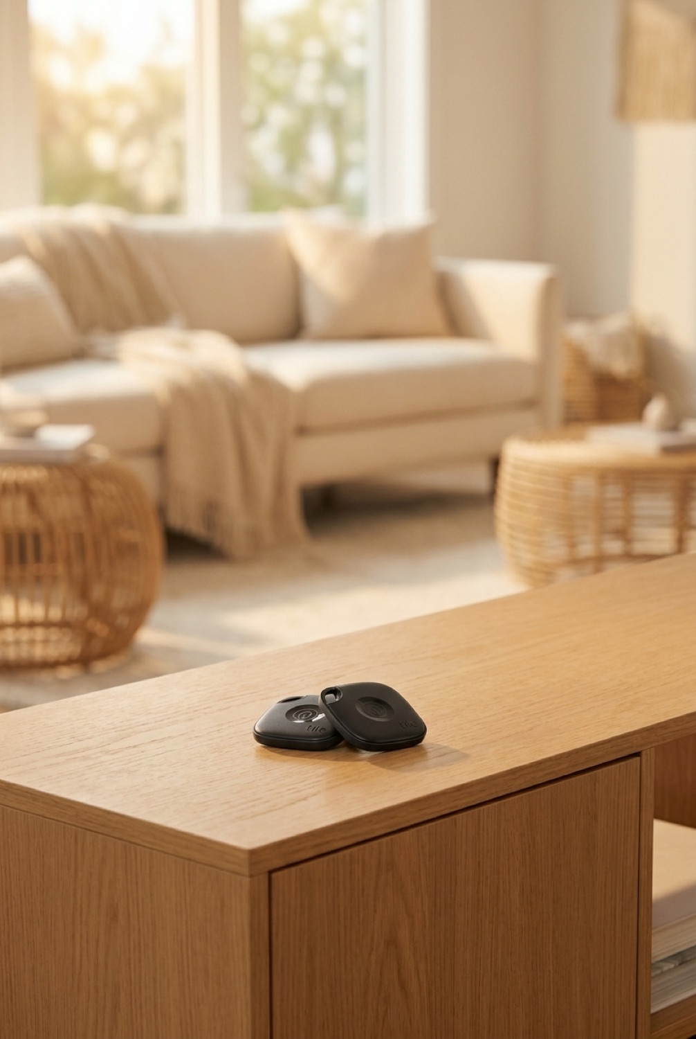 Tile tracker on a clean modern console in soft golden-hour light