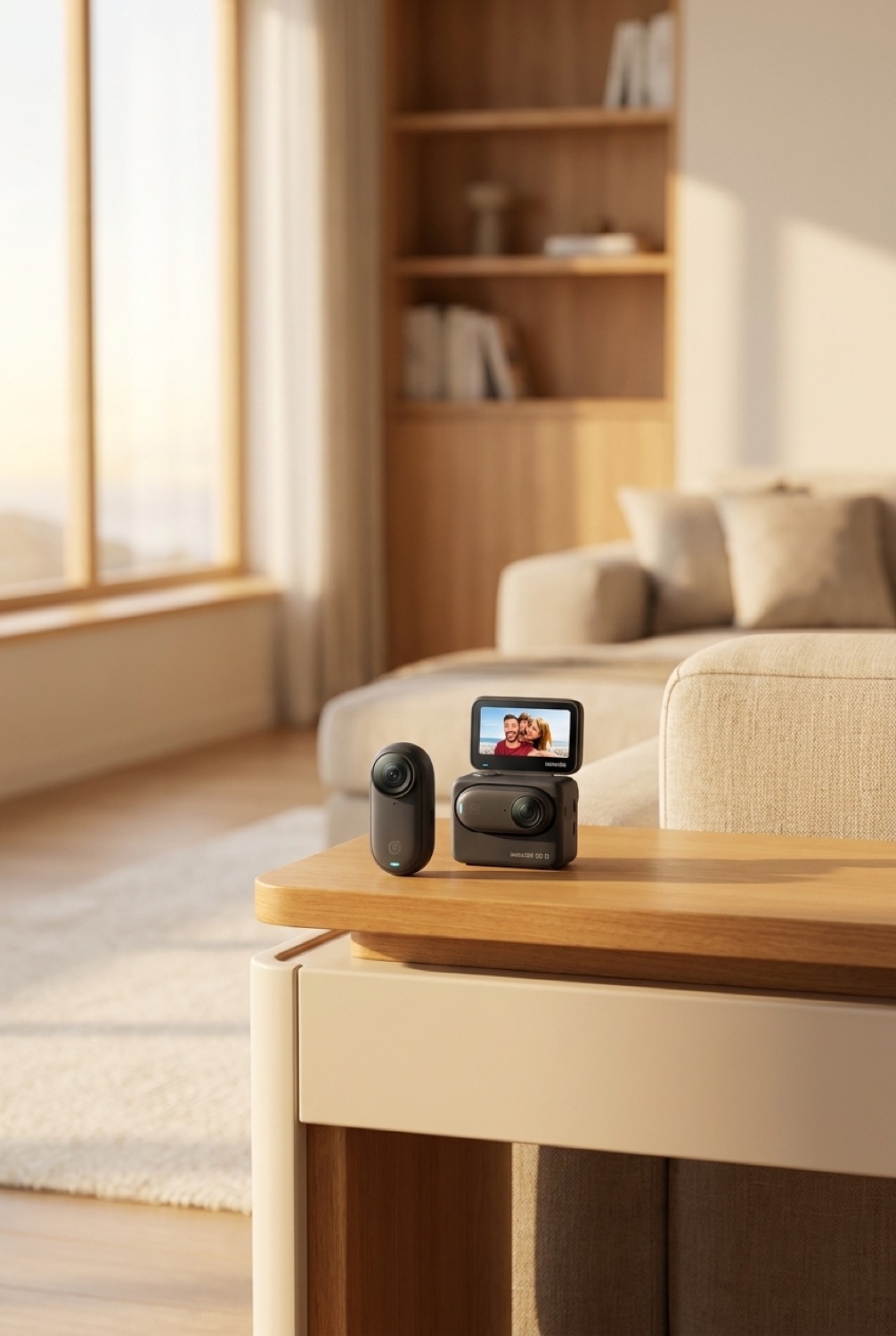 tiny camera on a clean modern console in soft golden-hour light