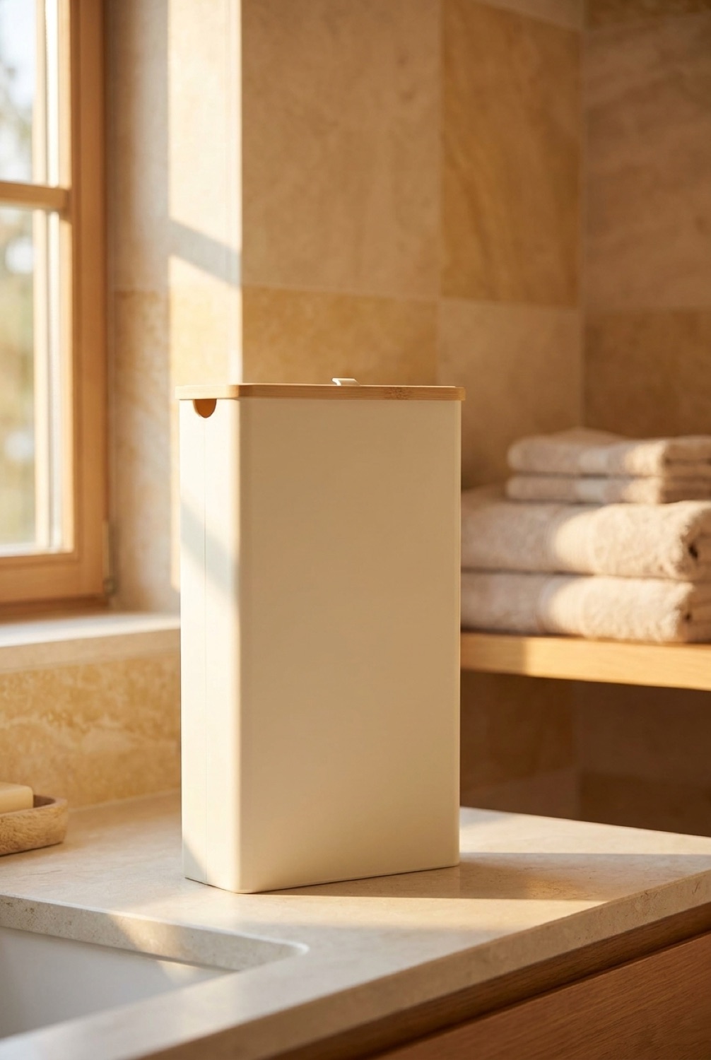 toilet paper holder in a serene spa-like bathroom in soft golden-hour light