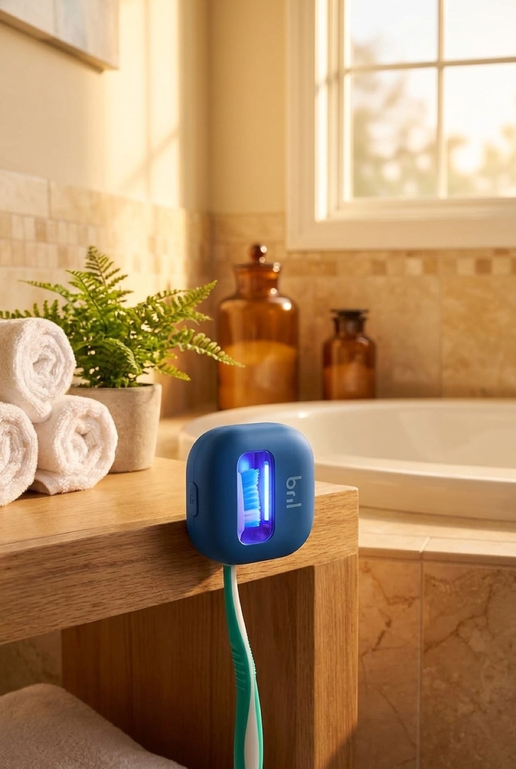 toothbrush sanitizer in a serene spa-like bathroom in soft golden-hour light