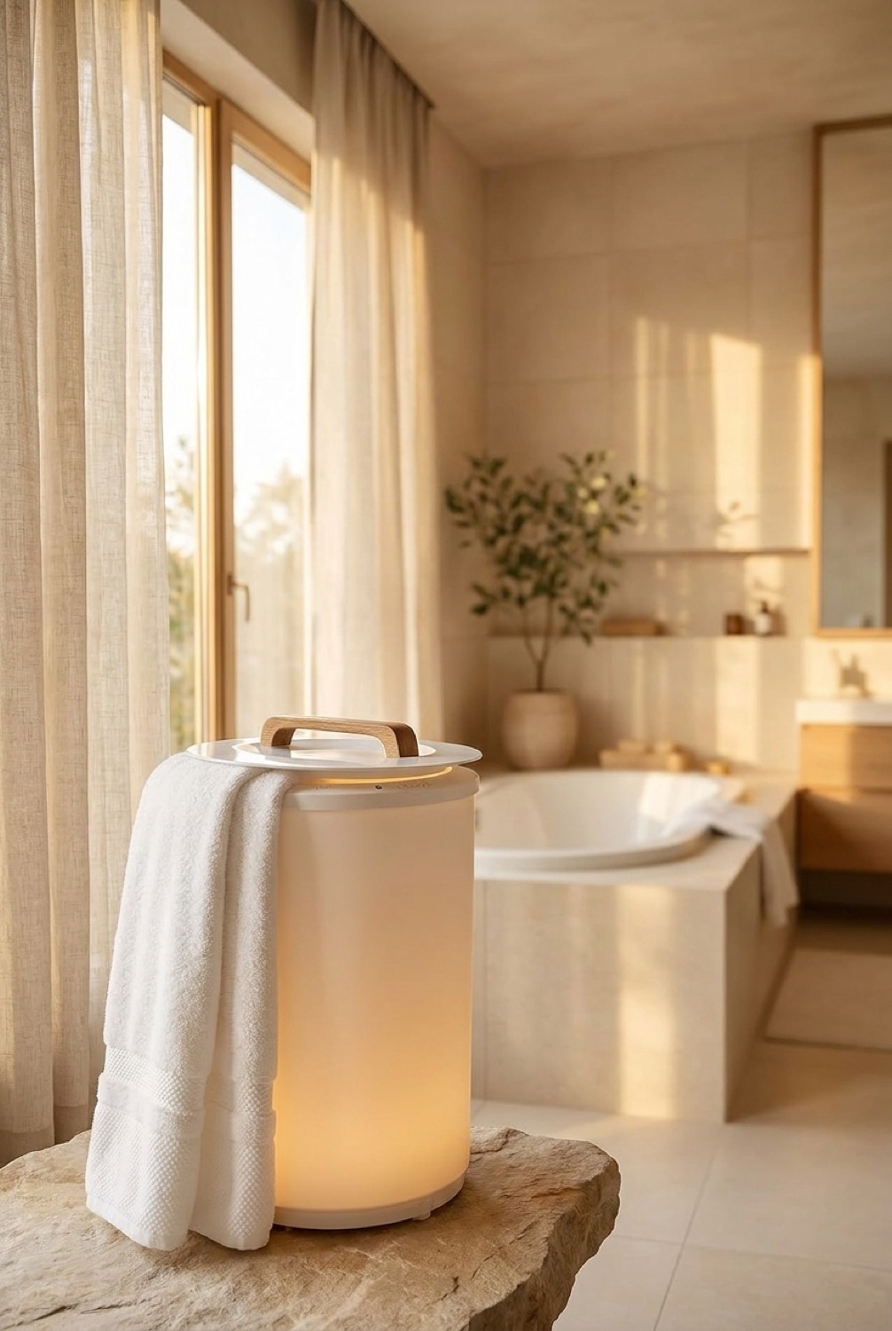 Towel Warmer in a serene minimalist bathroom in soft golden-hour light