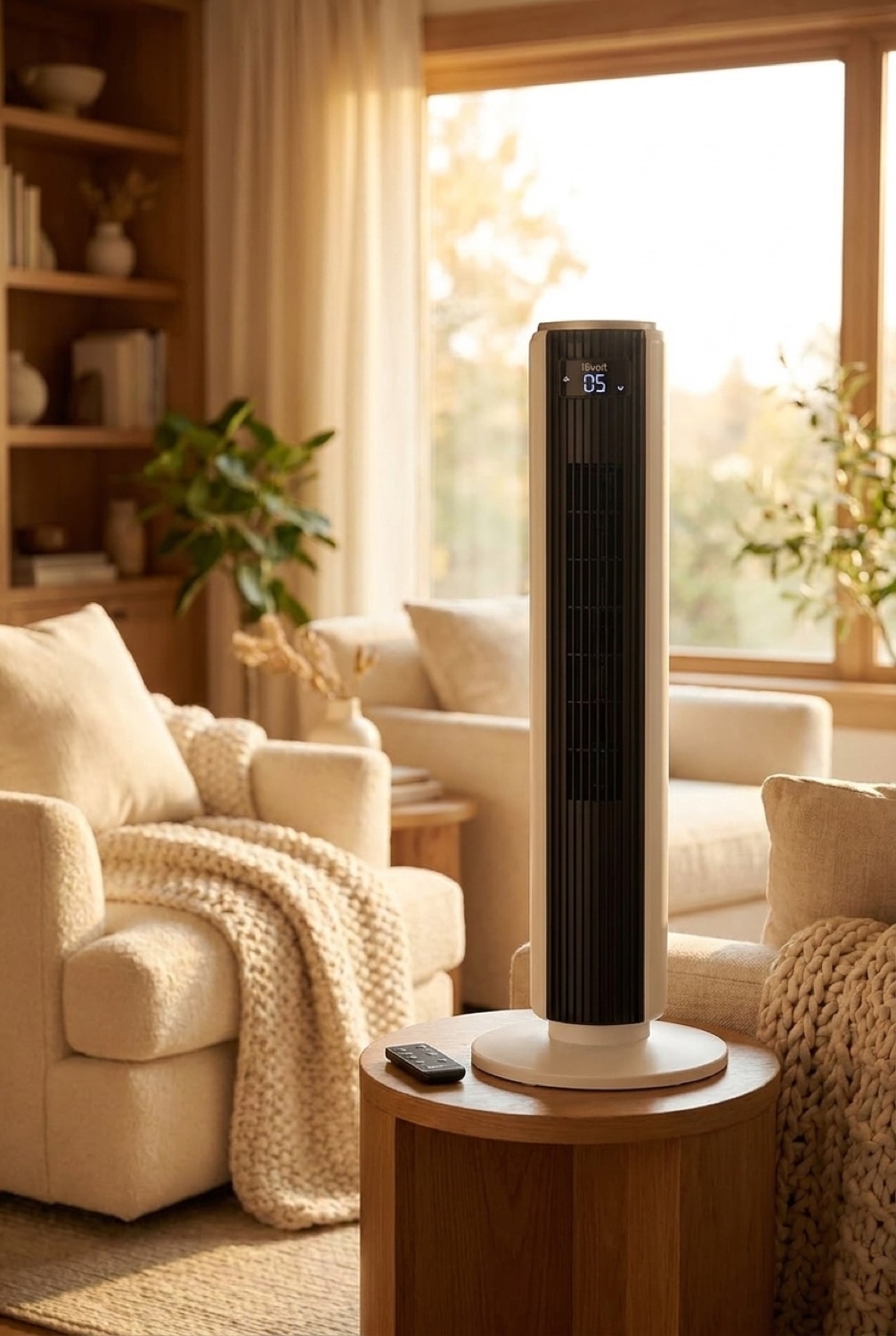 tower fan in a warm cosy living room in soft golden-hour light