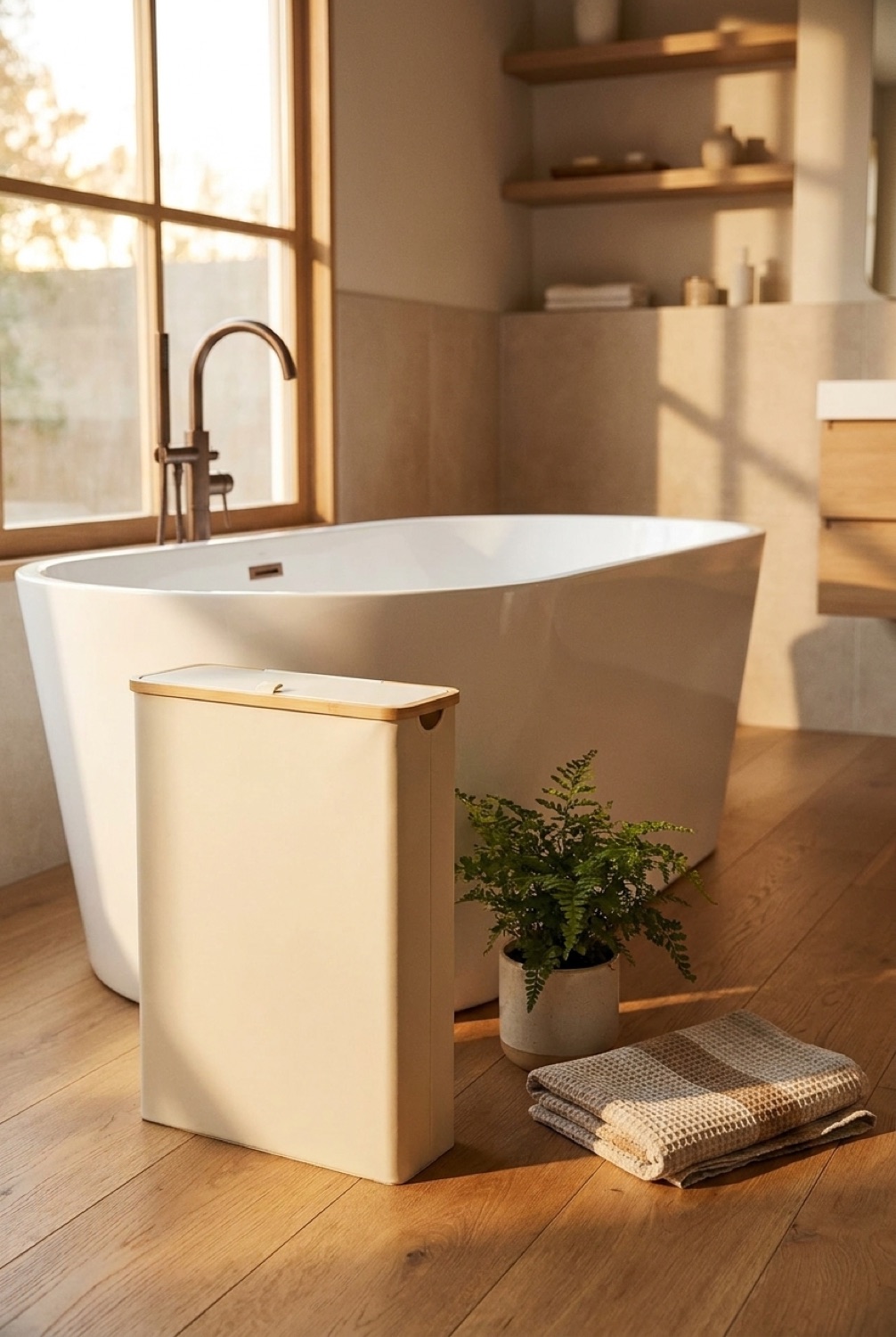Tall rectangular fabric toilet paper storage bin with a bamboo flip-lid beside a freestanding tub in golden light