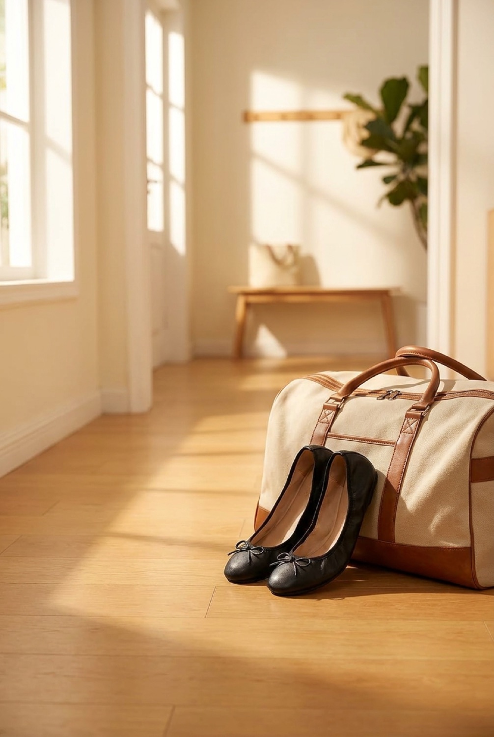 Travel Ballet Flats in a calm bright entryway in soft golden-hour light