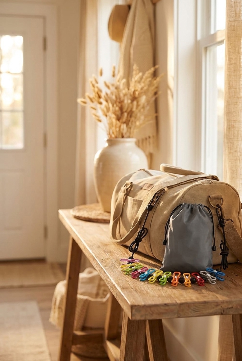 travel clothesline beside a packed bag in a bright entryway in soft golden-hour light