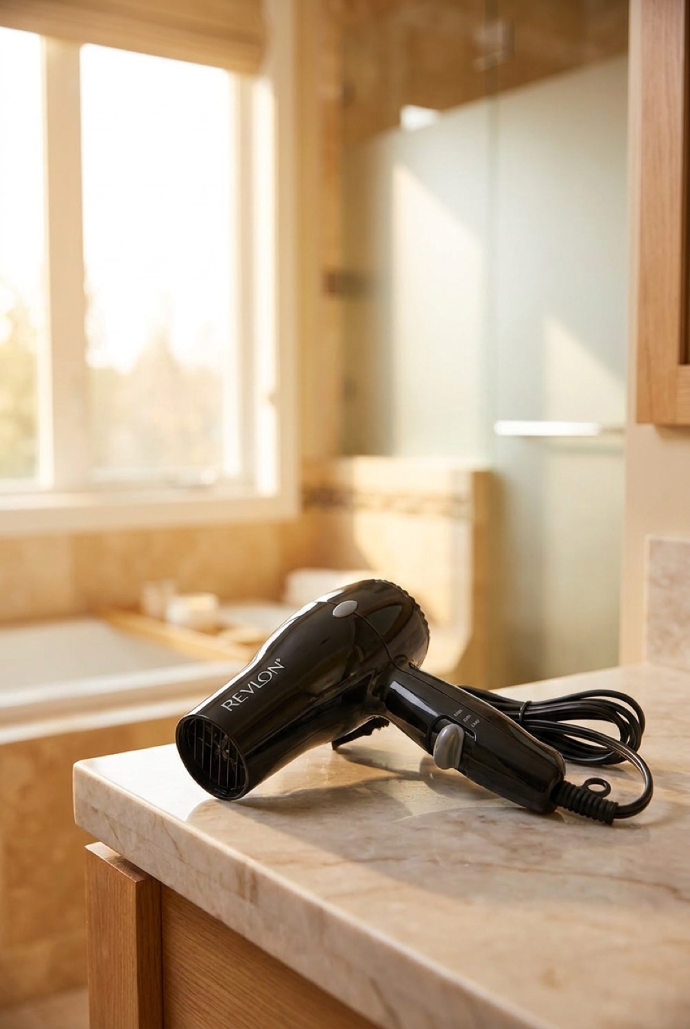 Travel Hair Dryer in a calm bathroom vanity in soft golden-hour light