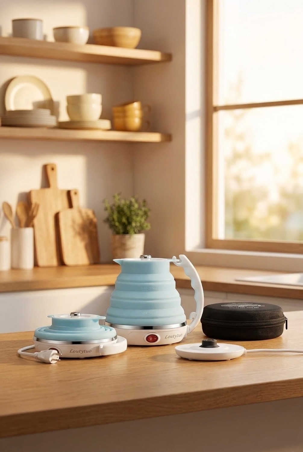 travel kettle on a warm oak kitchen counter in soft golden-hour light