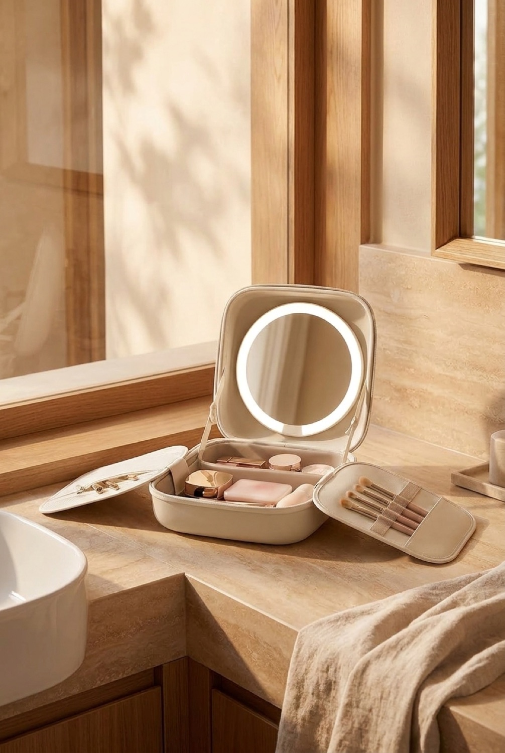 Travel Makeup Case in a calm bathroom vanity in soft golden-hour light