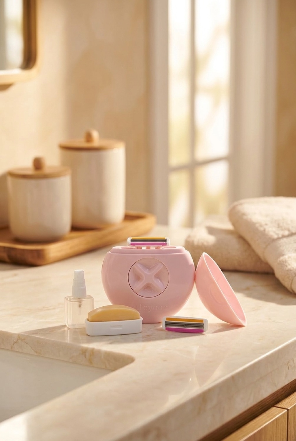 travel razor on a calm bathroom vanity in soft golden-hour light