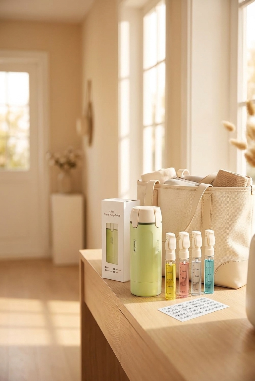 travel toiletry bottles beside a packed bag in a bright entryway in soft golden-hour light