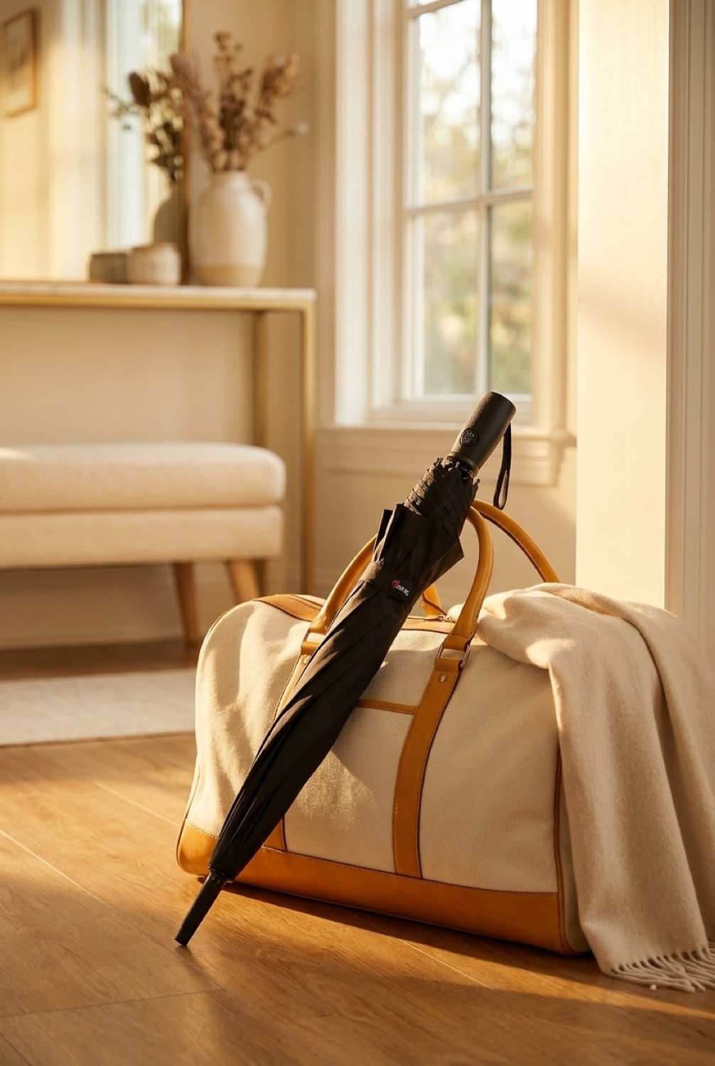 travel umbrella beside a packed bag in a bright entryway in soft golden-hour light