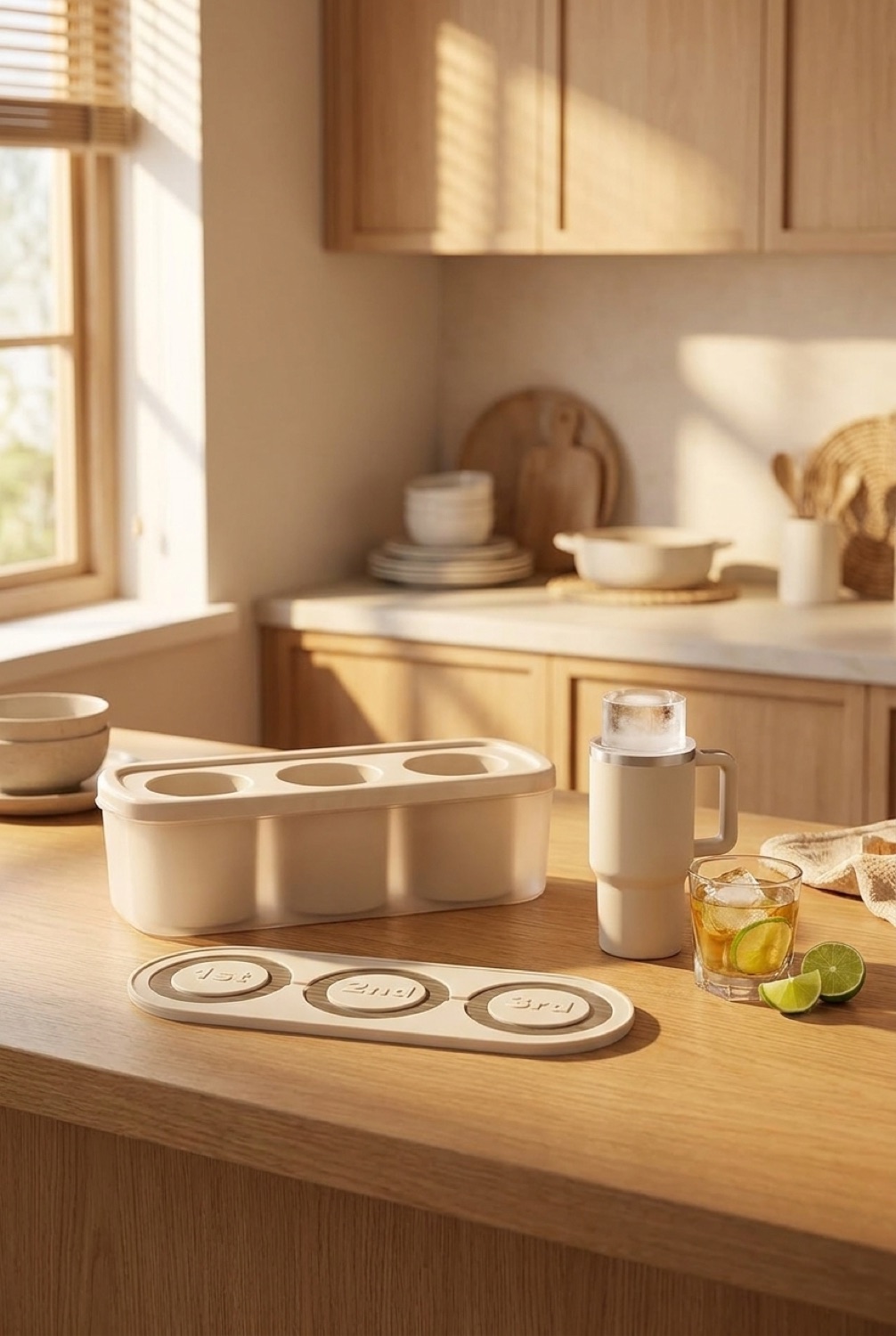 tumbler ice mold on a warm oak kitchen counter in soft golden-hour light