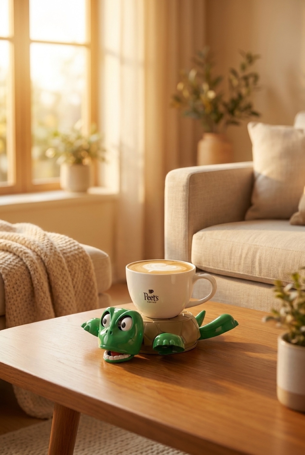 turtle coaster in a warm cosy living room in soft golden-hour light