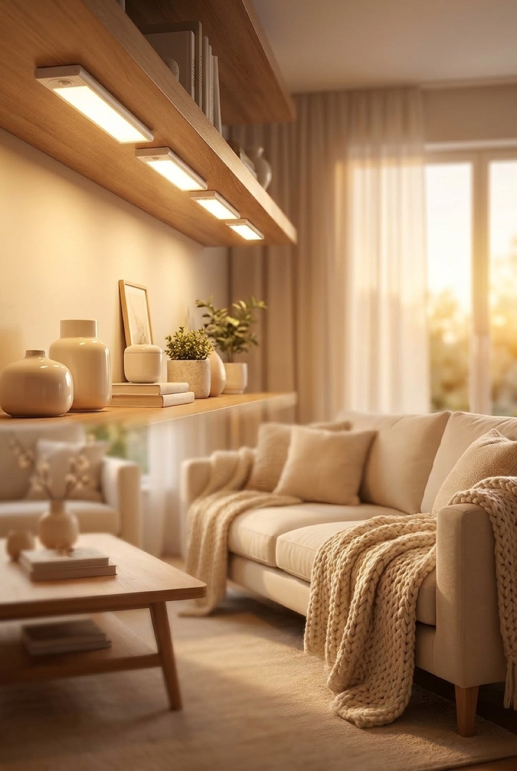 under cabinet lights in a warm cosy living room in soft golden-hour light