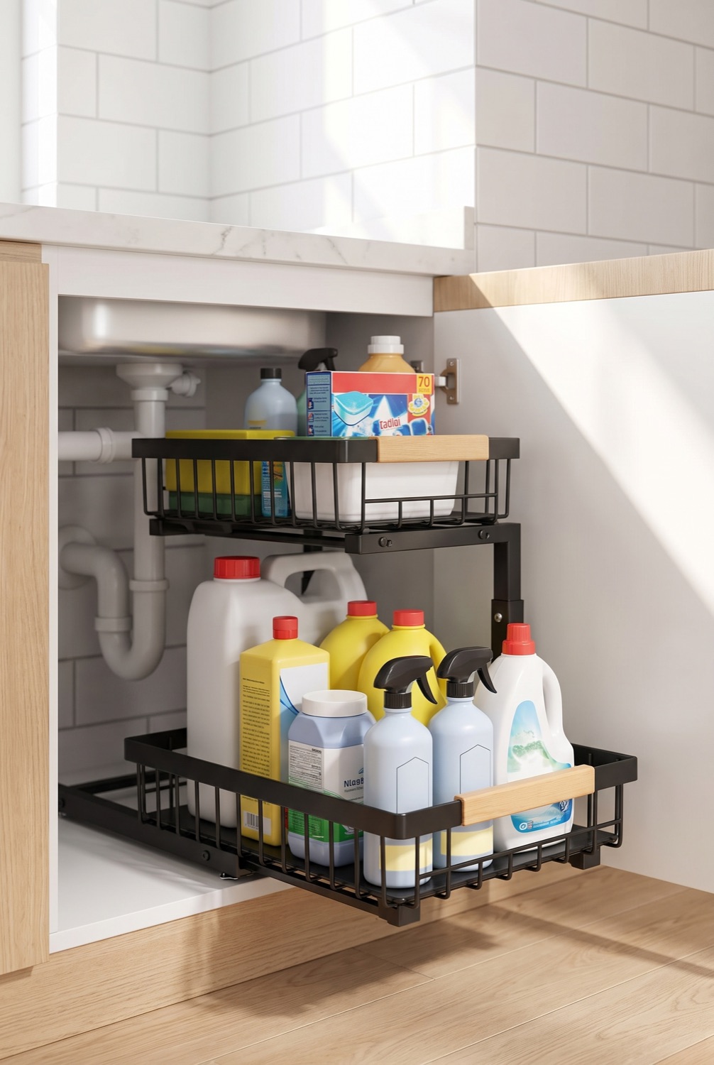 Pull-out under-sink organiser holding cleaning supplies neatly in a bright white cabinet
