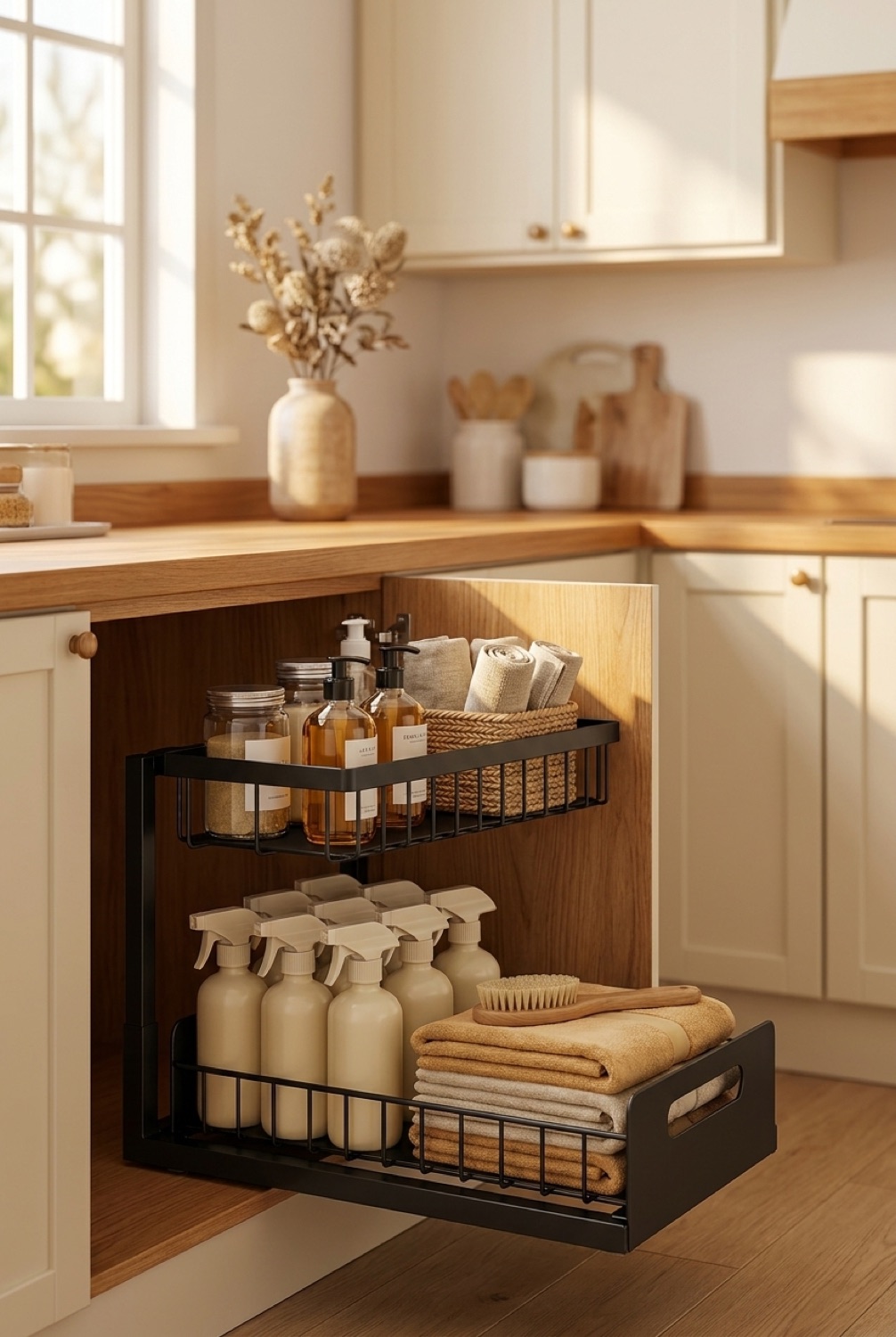 under-sink organiser neatly arranged in a tidy space in soft golden-hour light