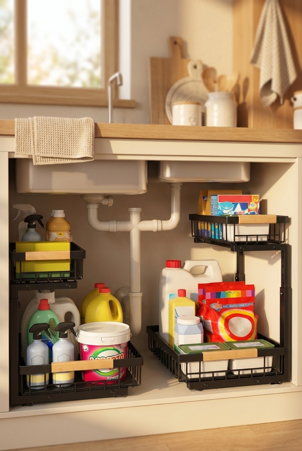 under sink organizer neatly arranged in a tidy space in soft golden-hour light