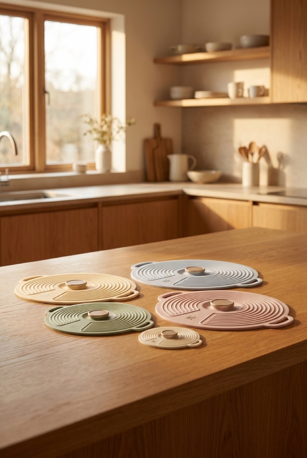 universal silicone lids on a warm oak kitchen counter in soft golden-hour light