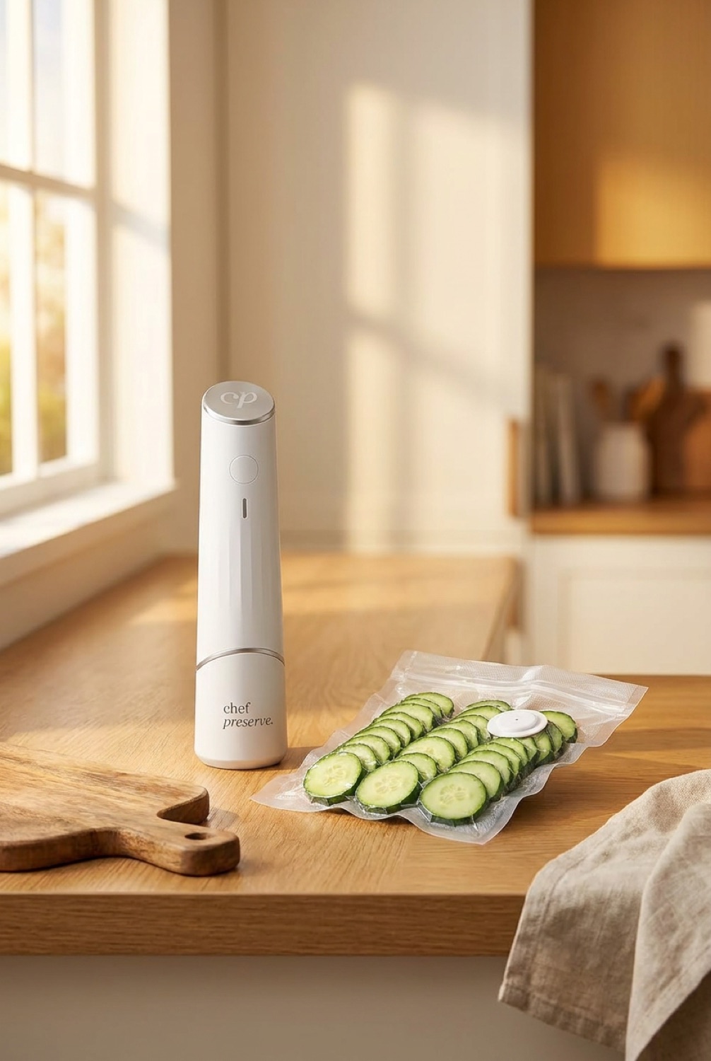 Handheld vacuum sealer on a sunlit oak kitchen counter beside freshly sealed produce
