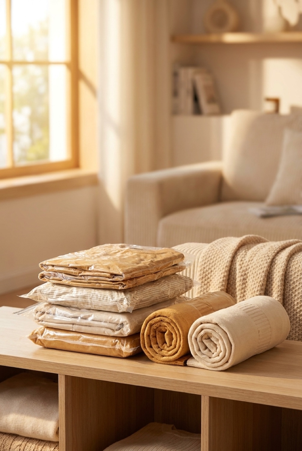 vacuum storage bags neatly arranged in a tidy space in soft golden-hour light