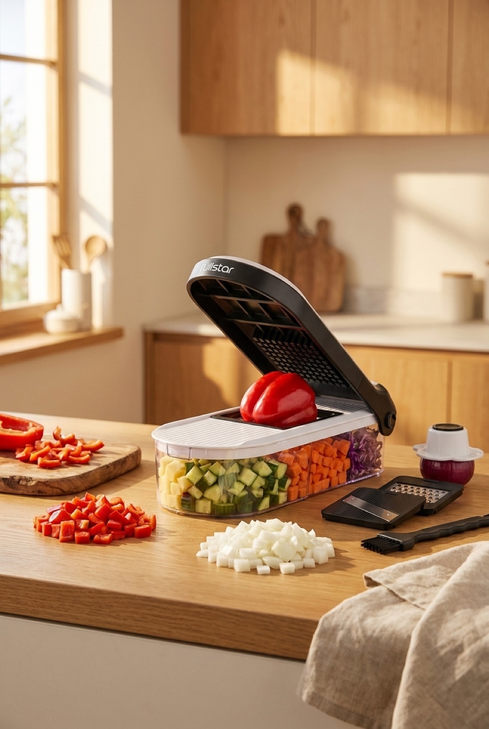 Vegetable chopper on a sunlit oak kitchen counter with freshly diced vegetables