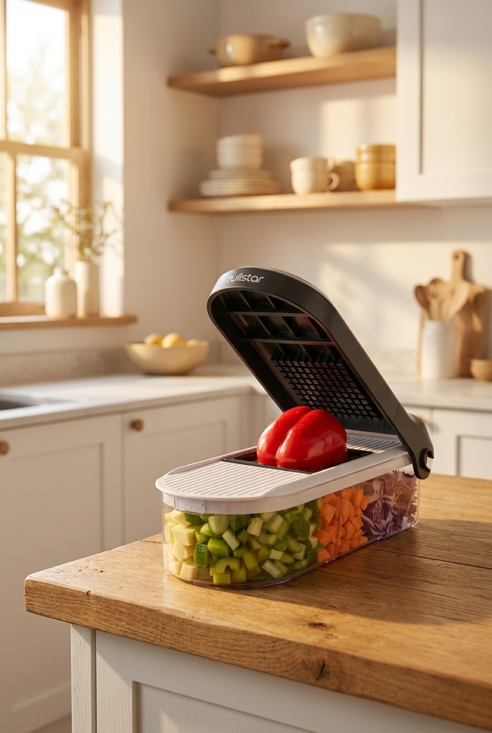 vegetable chopper on a warm oak kitchen counter in soft golden-hour light