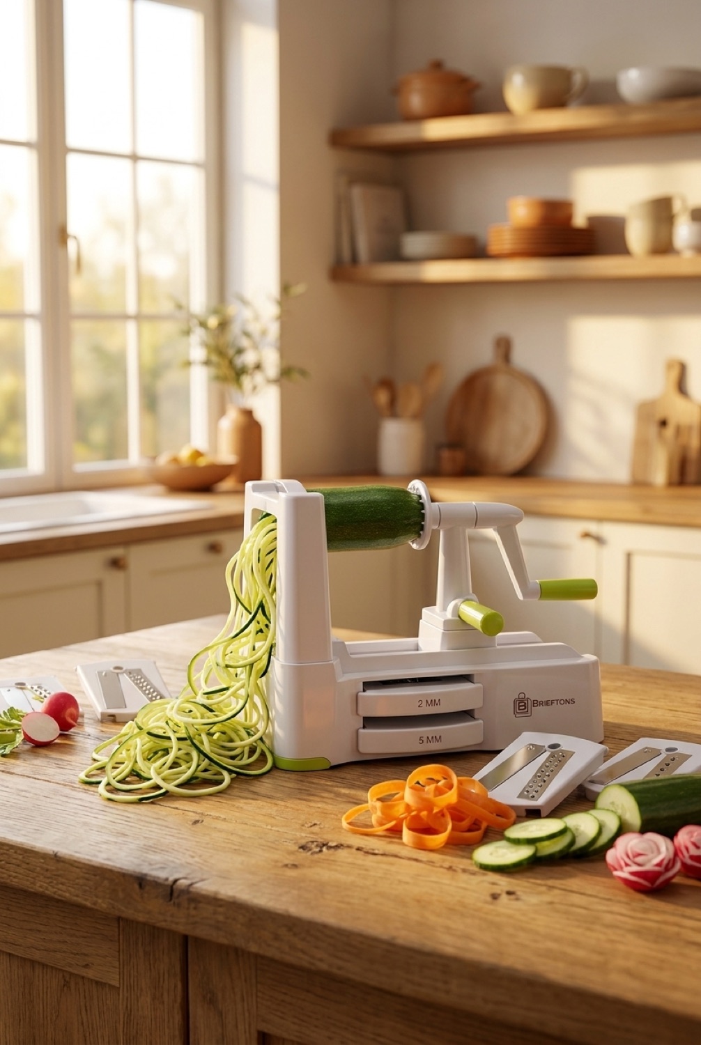 vegetable spiralizer on a warm oak kitchen counter in soft golden-hour light