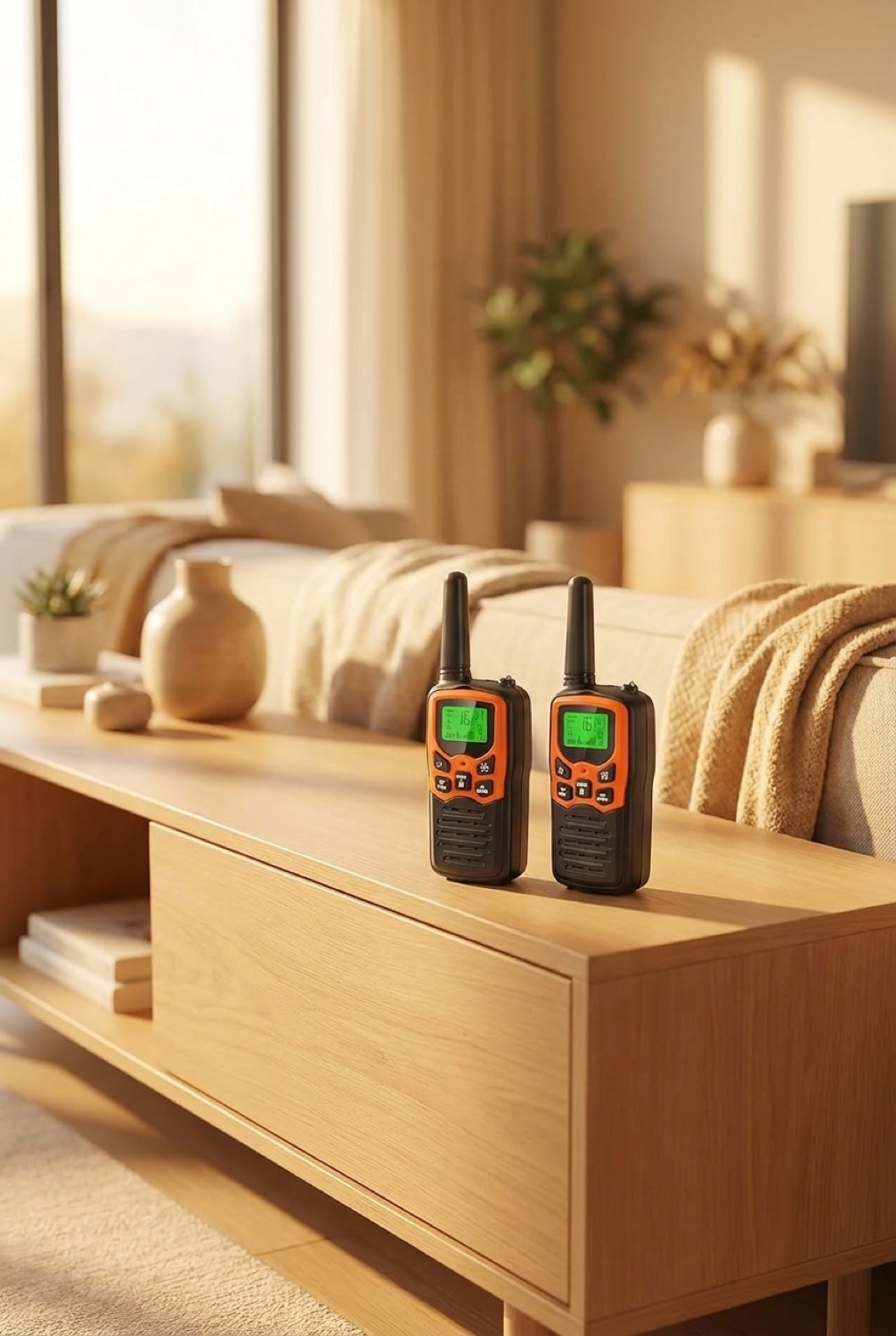 walkie talkies on a clean modern console in soft golden-hour light