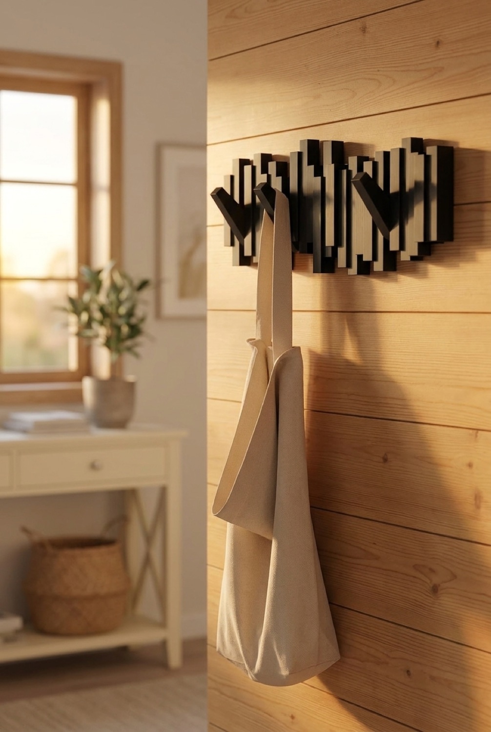 Wall Coat Rack in a calm organised home in soft golden-hour light