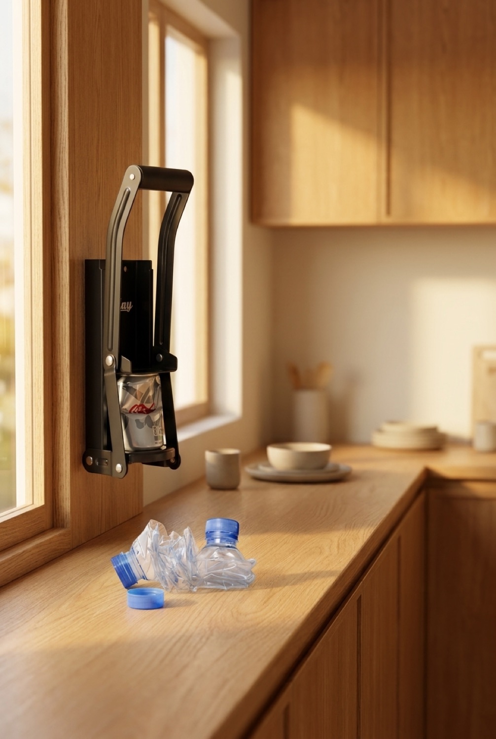 wall-mounted can crusher on a warm oak kitchen counter in soft golden-hour light