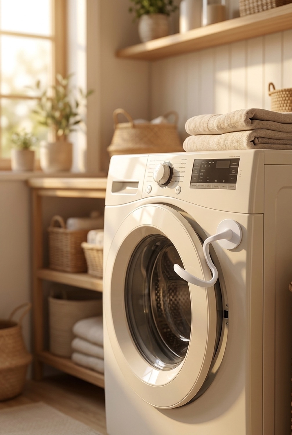 Washer Door Prop in a calm living room in soft golden-hour light