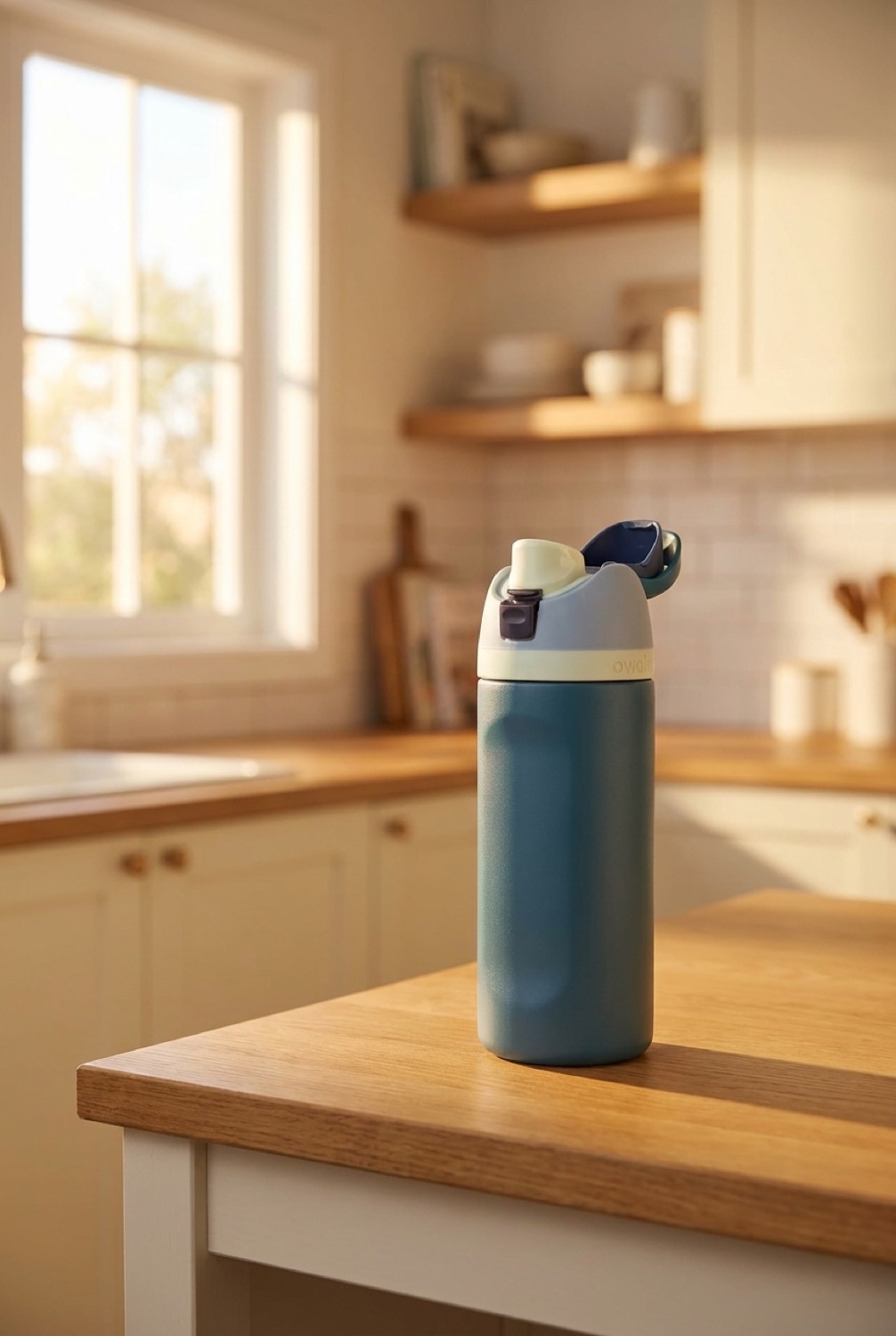 water bottle on a warm oak kitchen counter in soft golden-hour light