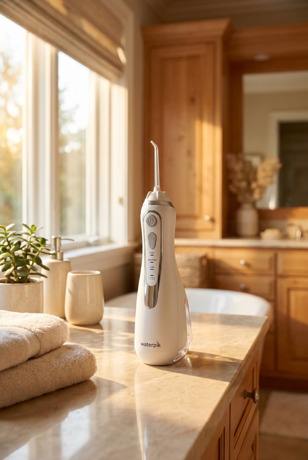 water flosser on a calm bathroom vanity in soft golden-hour light