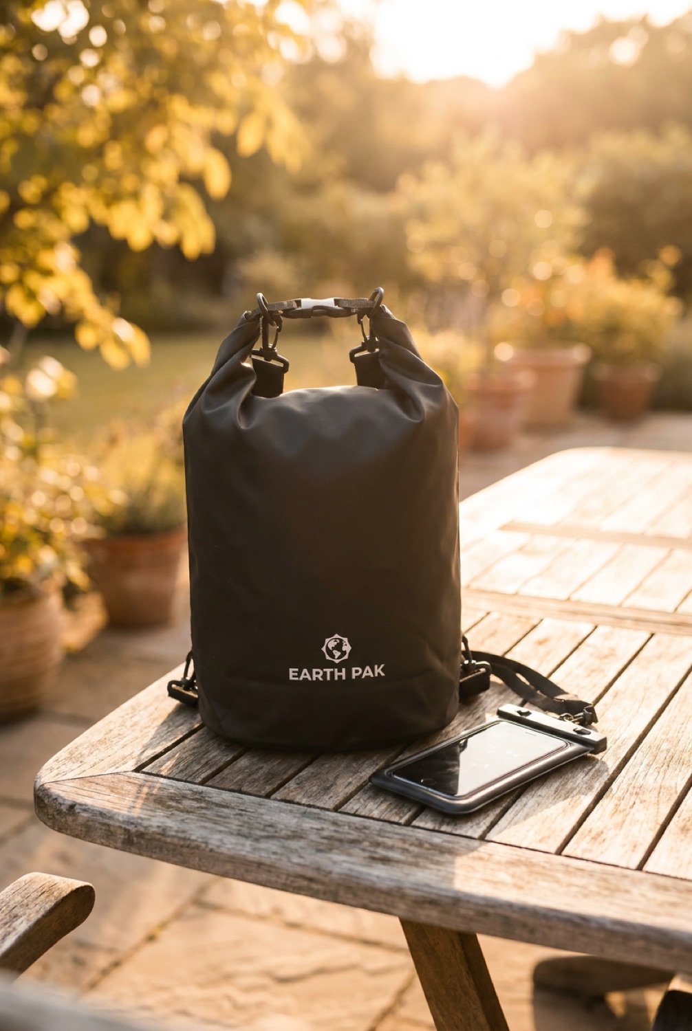 Waterproof Dry Bag in a sunny calm garden in soft golden-hour light