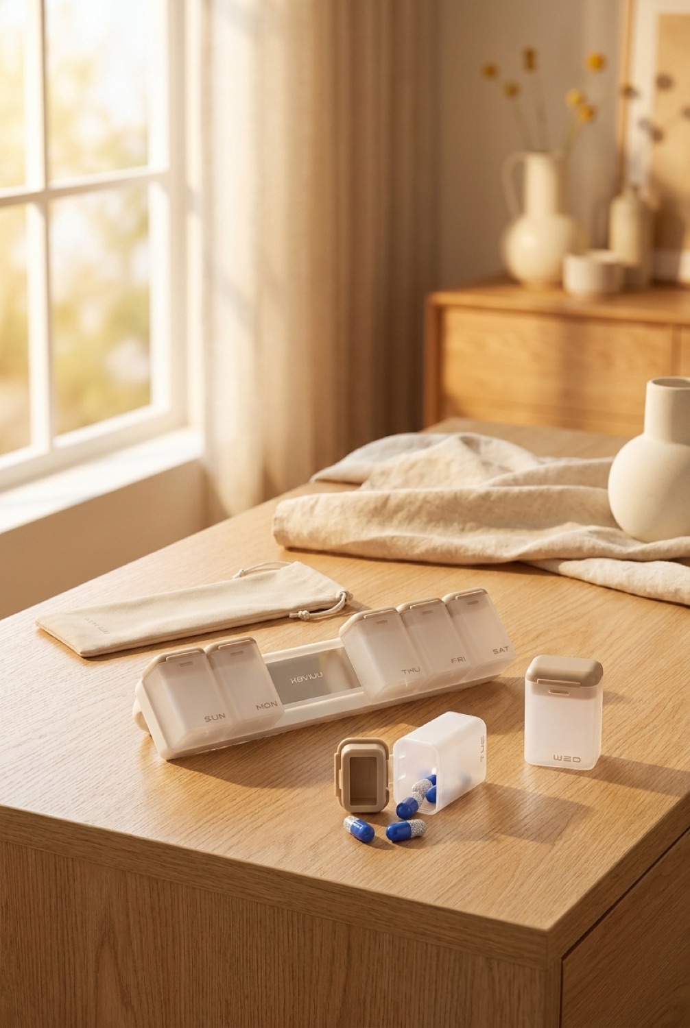 weekly pill organizer neatly arranged in a tidy space in soft golden-hour light