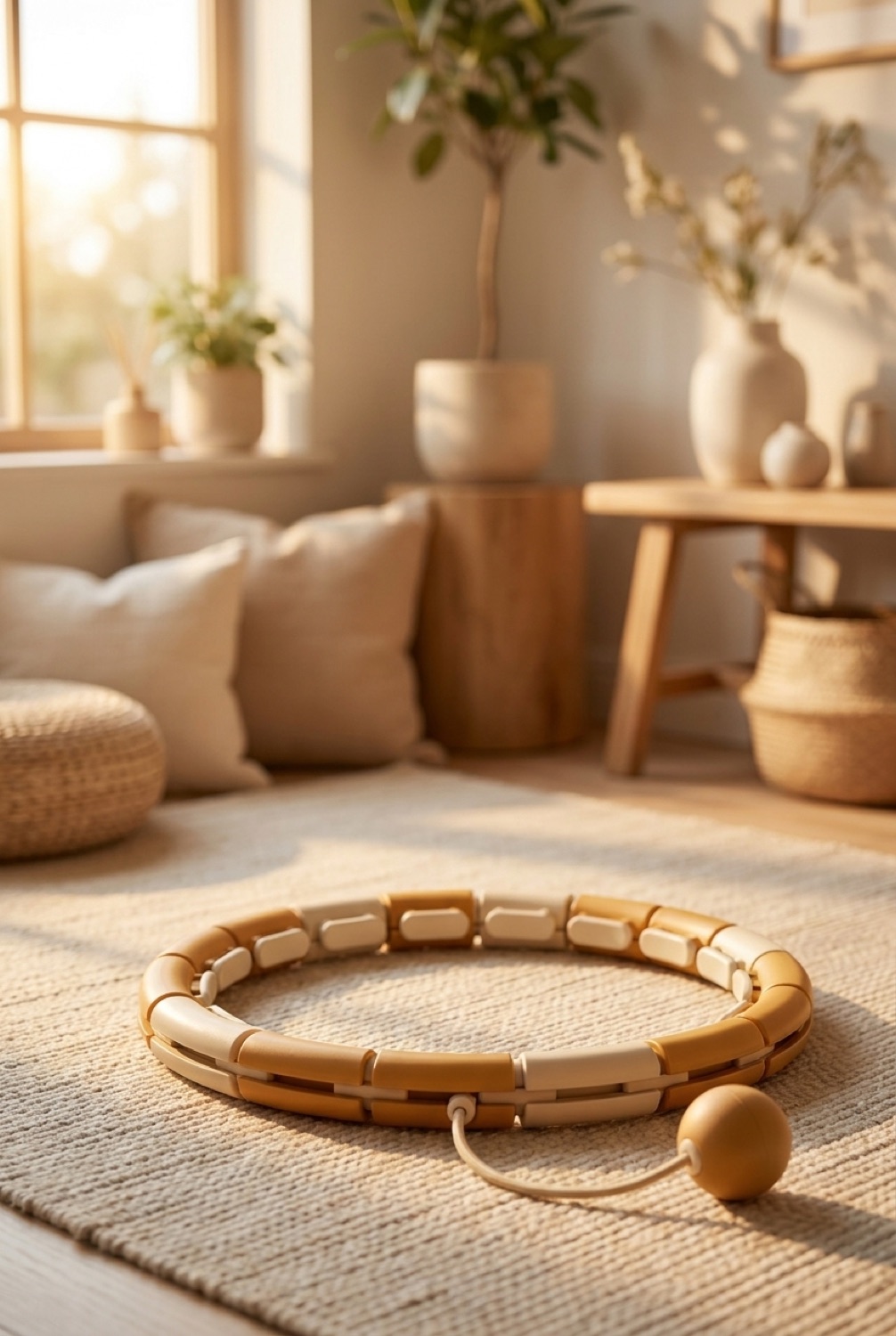 weighted hula hoop in a calm wellness corner in soft golden-hour light