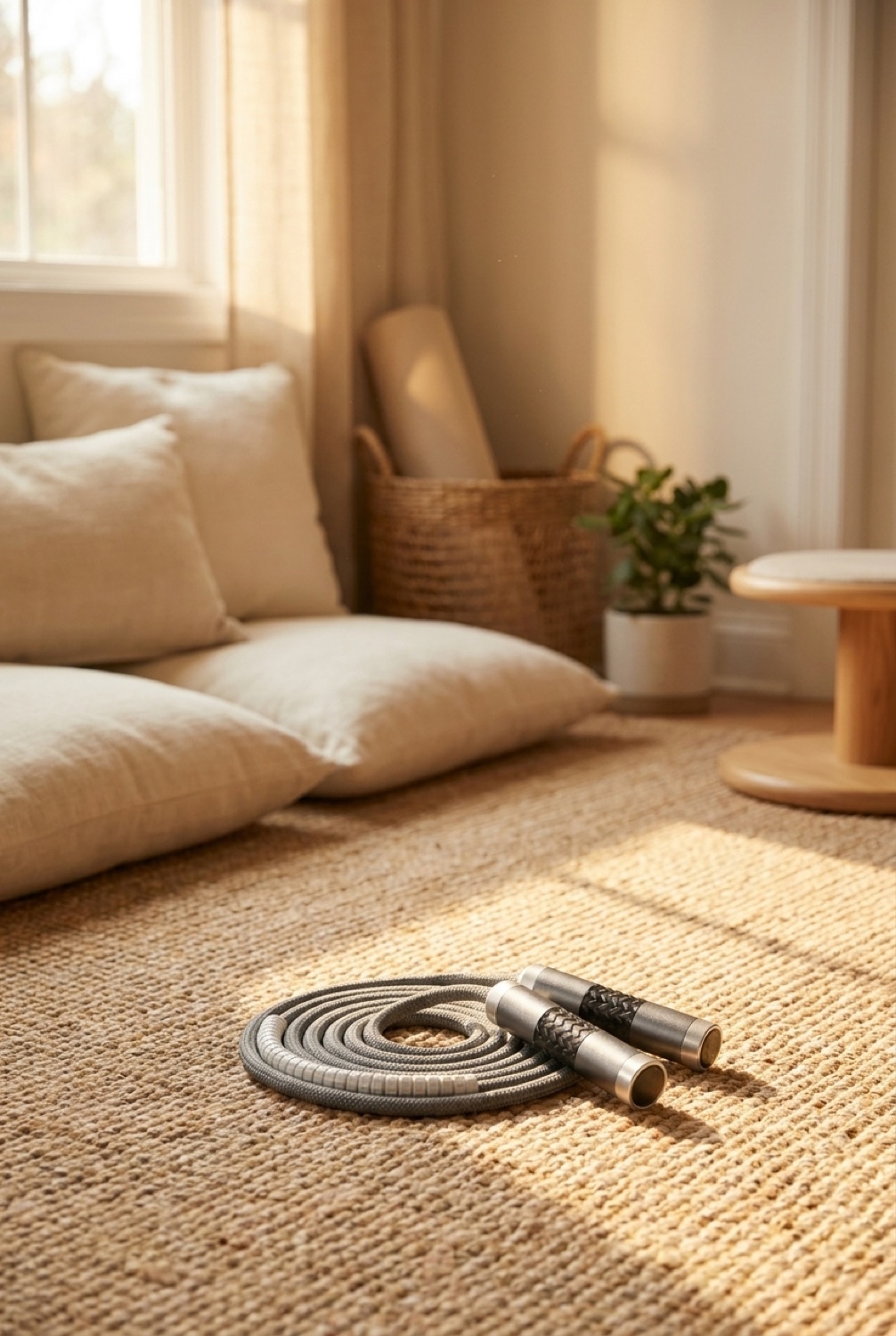 Weighted Jump Rope in a restful wellness space in soft golden-hour light