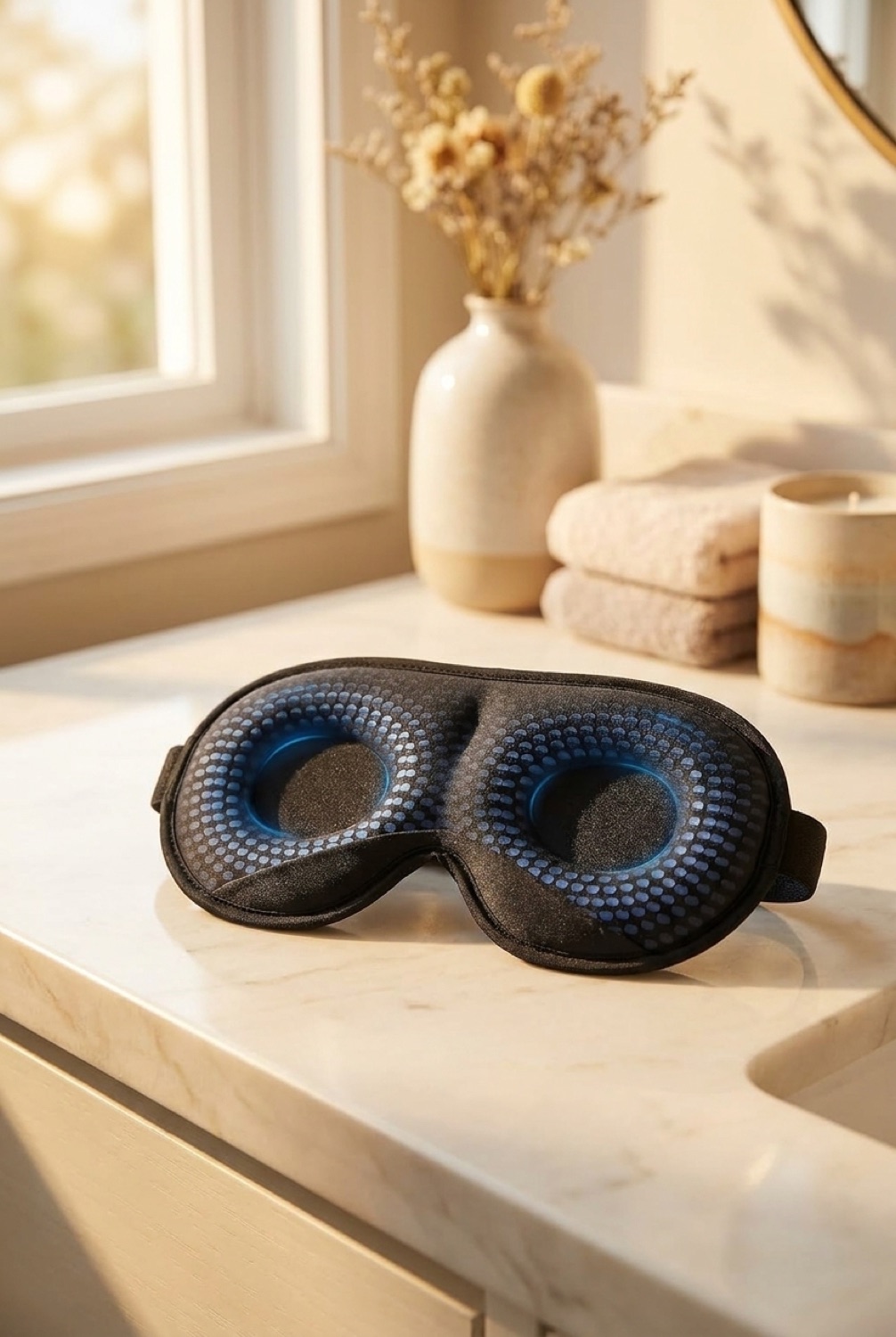 weighted sleep mask on a calm bathroom vanity in soft golden-hour light