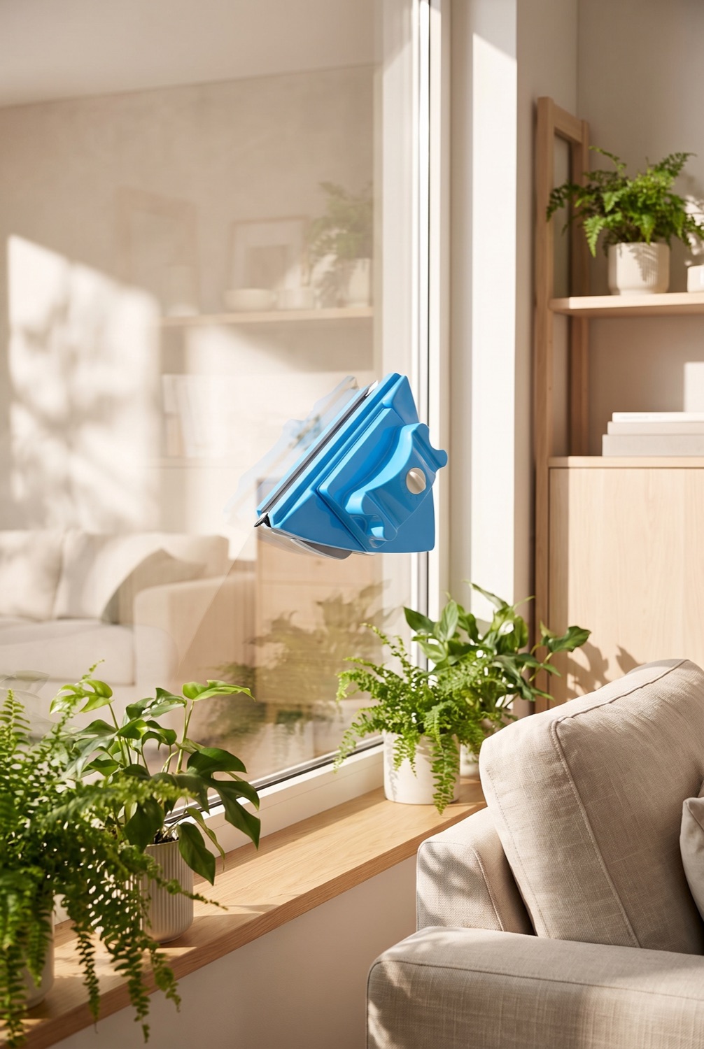 Sunlit living room with sparkling clean windows and lush green houseplants