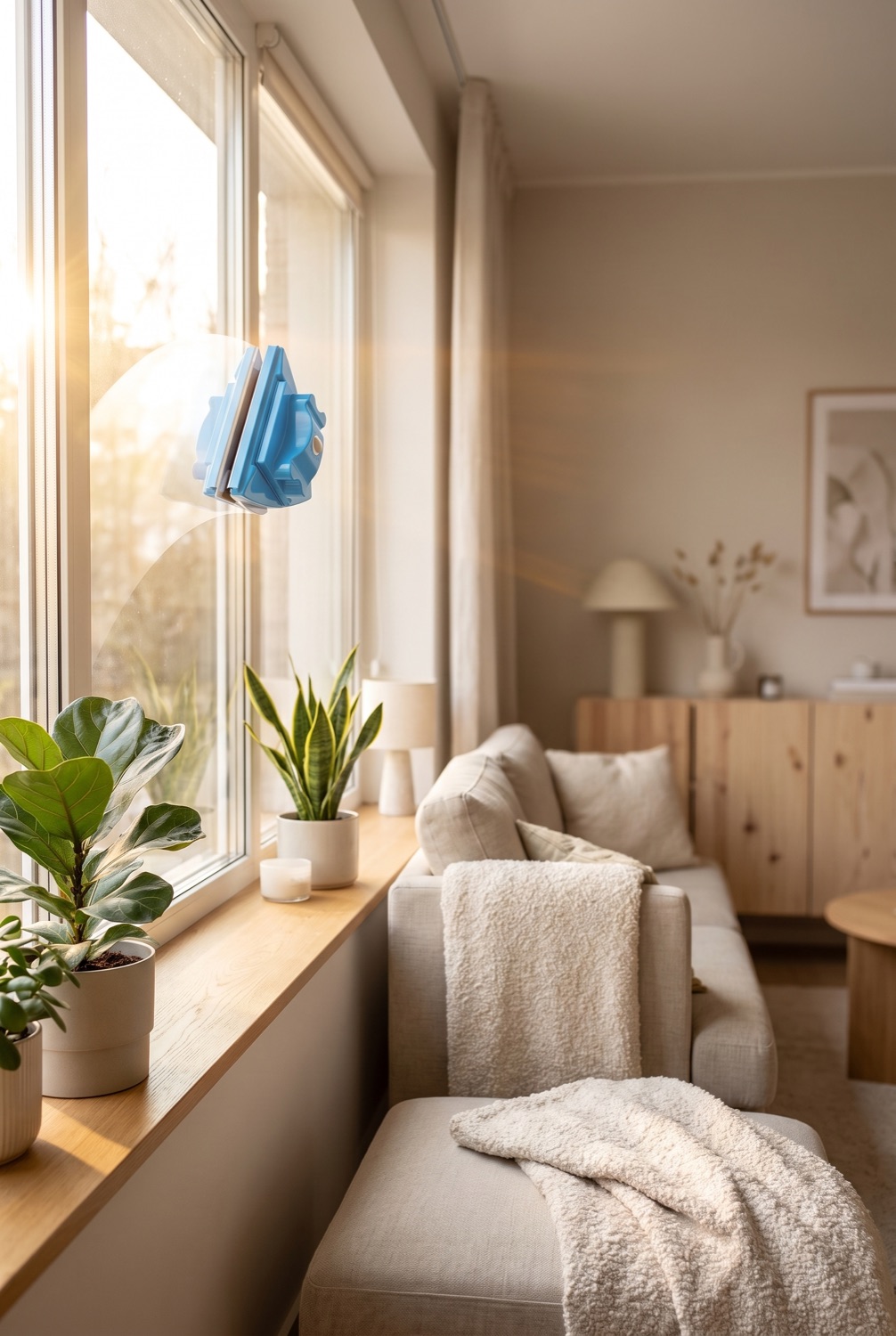 Golden-hour living room with spotless windows and a cosy neutral sofa