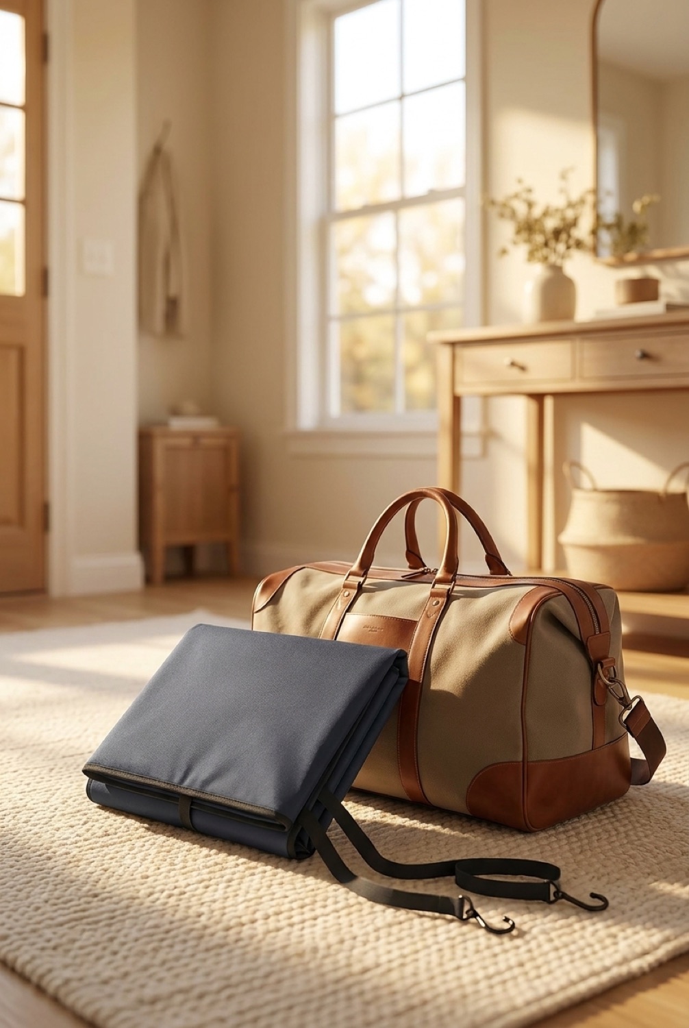 windshield snow cover beside a packed bag in a bright entryway in soft golden-hour light