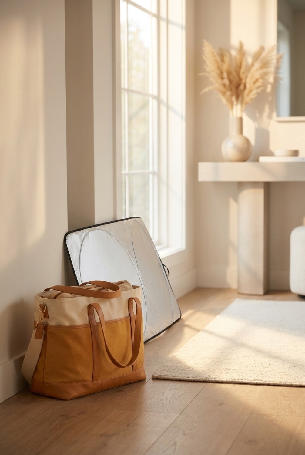 windshield sunshade beside a packed bag in a bright entryway in soft golden-hour light
