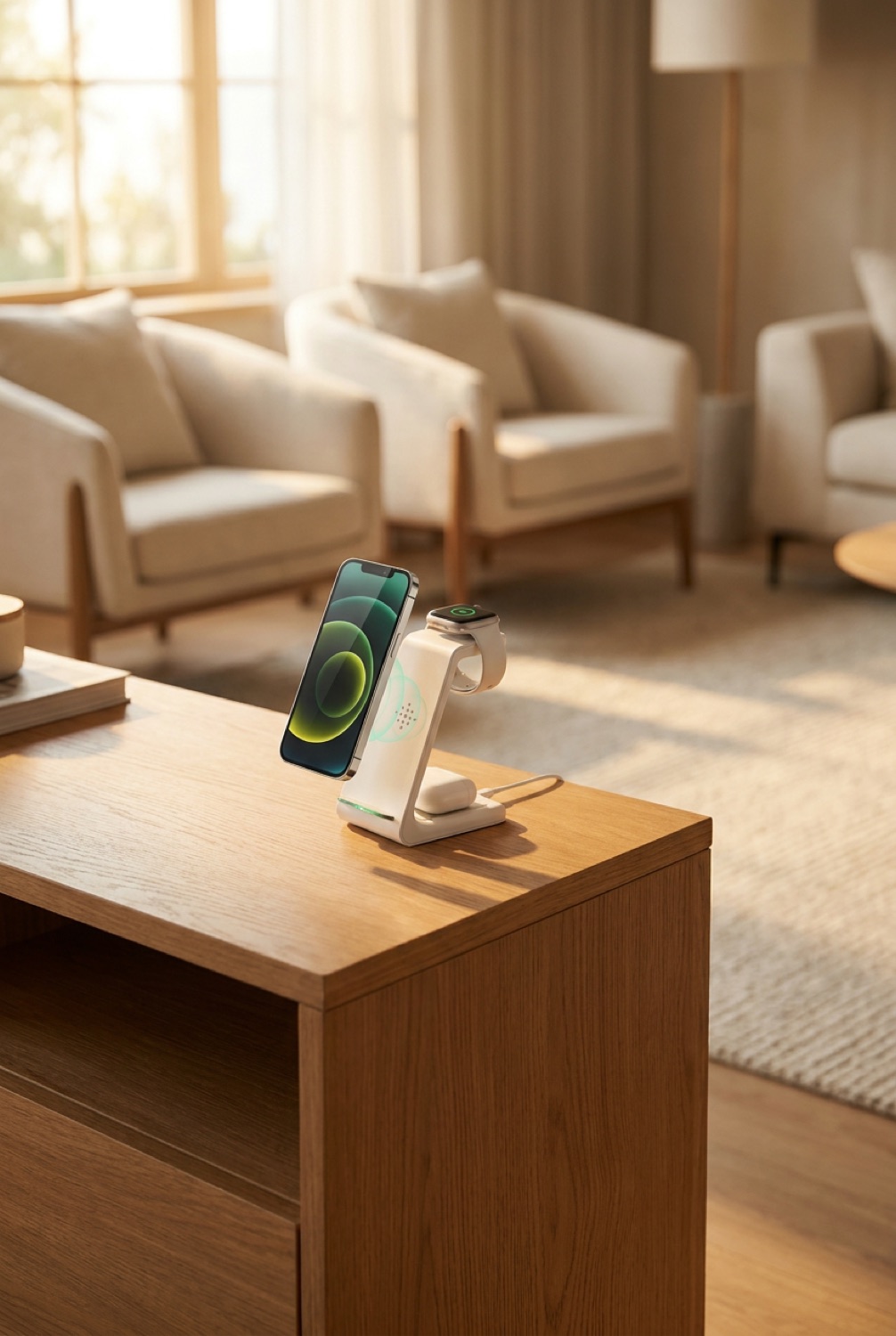 wireless charging pad on a clean modern console in soft golden-hour light