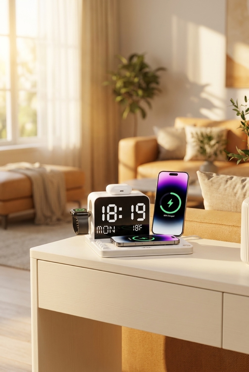 wireless charging station on a clean modern console in soft golden-hour light