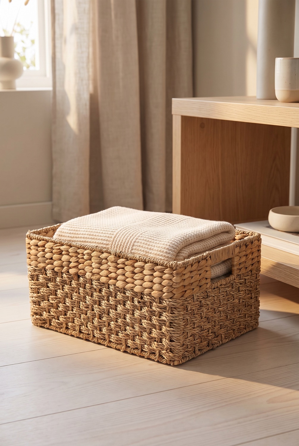 Natural woven seagrass storage basket holding a folded cream blanket on a pale wooden floor